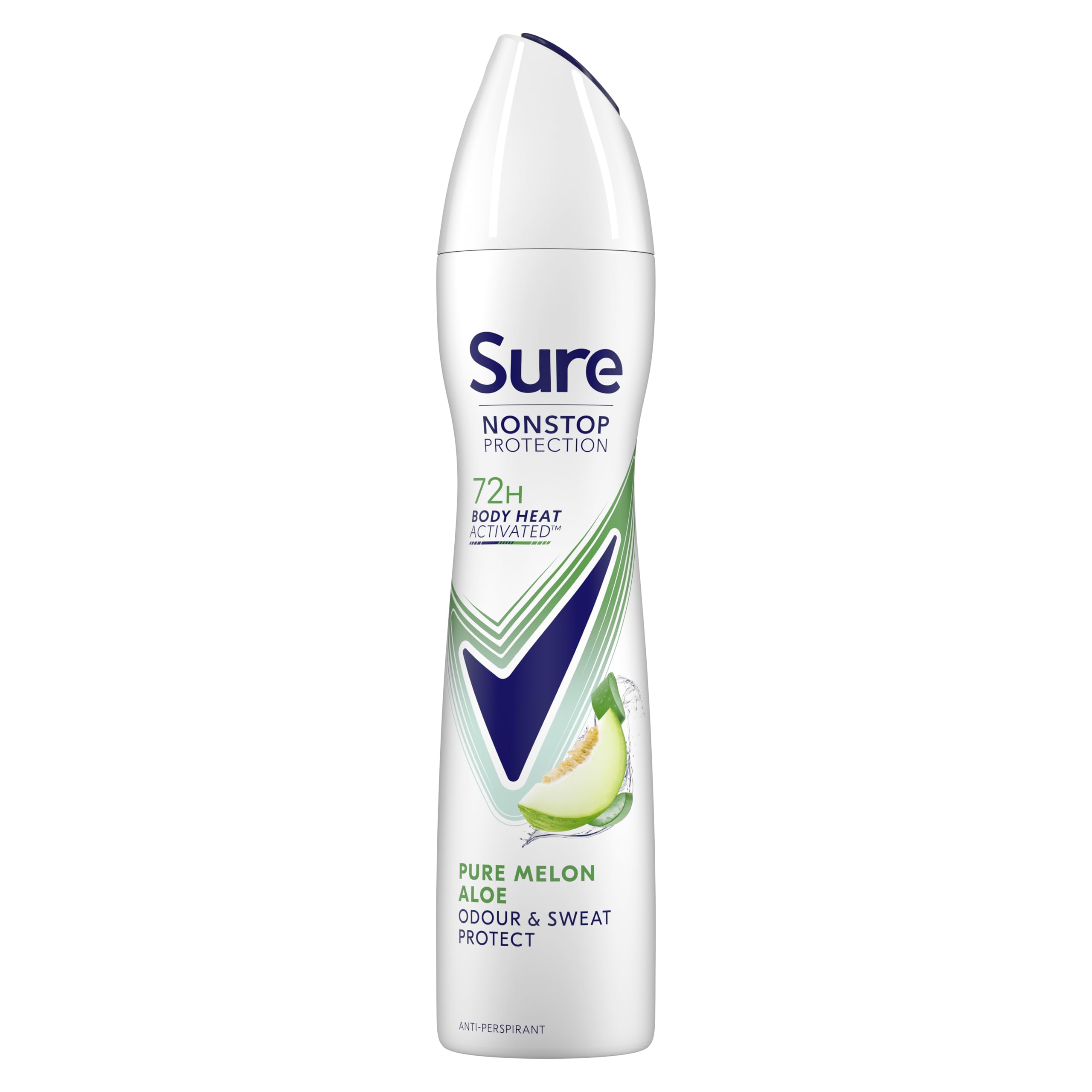 Sure Nonstop Protection Pure Melon Aloe Anti-Perspirant Aerosol Women's Deodorant Spray with Body Heat Activated technology and a melon & aloe scent for 72 hour odour and sweat protection 6x 250 ml