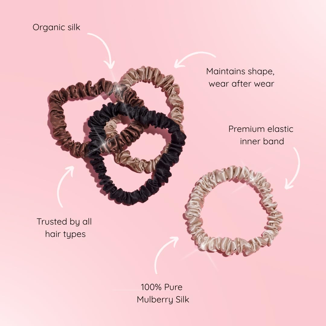 SILKIE x4 Set 100% Pure Mulberry Silk Black Brown Skinny Scrunchies Travel Pouch Everyday Hair Ties Elastics Hair Care Ponytail Holder No Damage