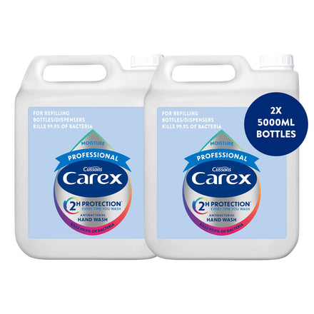 Carex 2 Hour Protection Antibacterial Professional Moisture Hand Wash Refills, Liquid Hand Soap Eco Refill for Homes & Businesses, With Vitamin E, Bulk Buy, Pack of 2 x 5 litres