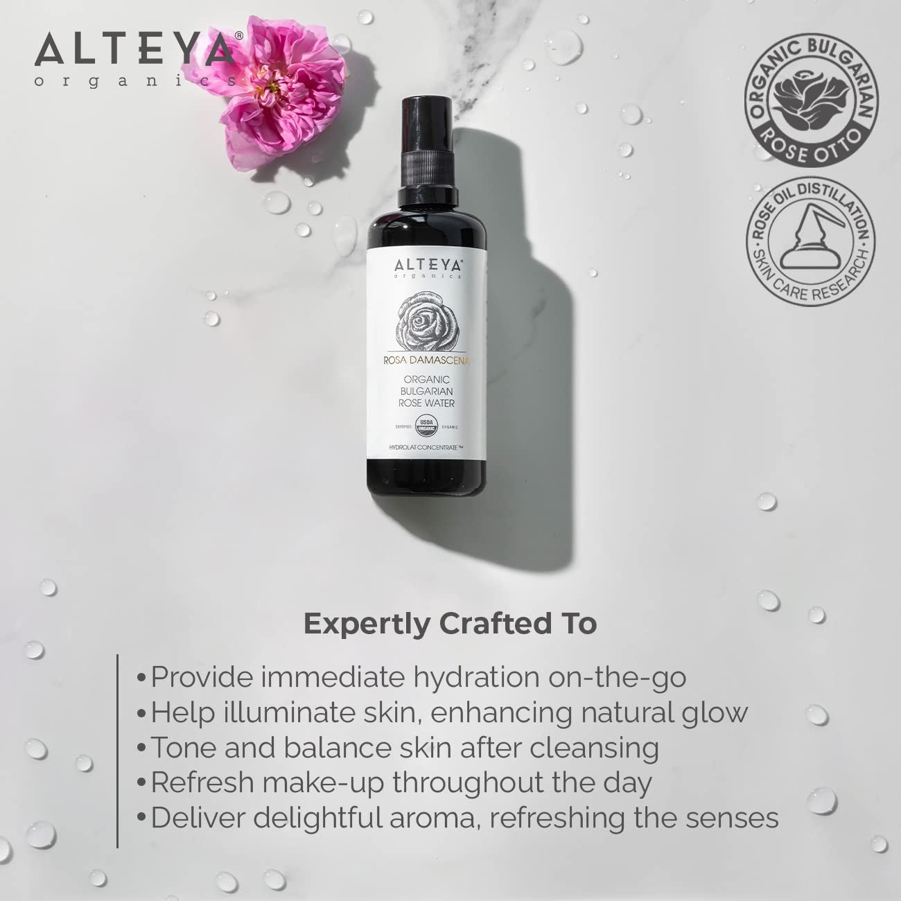 Alteya High-Potency Rose Water USDA Organic Facial Toner, 6000 Roses in a Bottle, 200mL Pure Bulgarian Rosa Damascena Flower Water, Award-Winning Moisturizer in Miron Biophotonic Glass