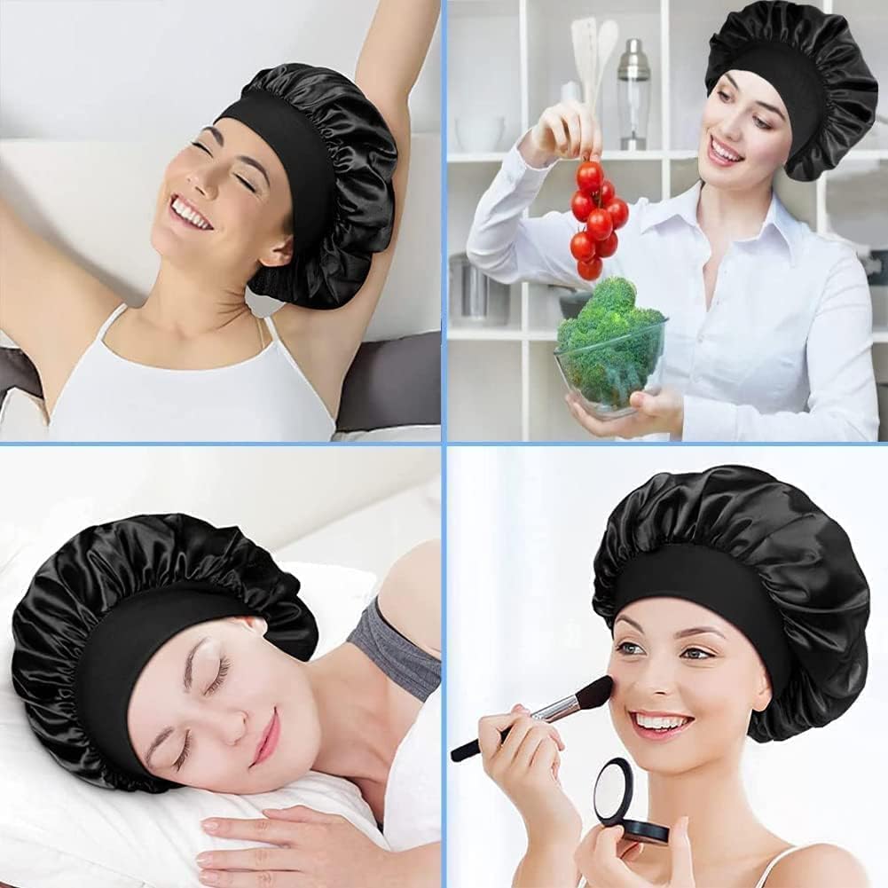 Silk Hair Wrap for Sleeping,Silk Hair Bonnet, 1pcs Night Sleep Cap Silk Bonnet for Women Girls, Hair Care Sleeping Head Cover Elastic Hat Hair Bonnet for Black Hair Curly Hair., black