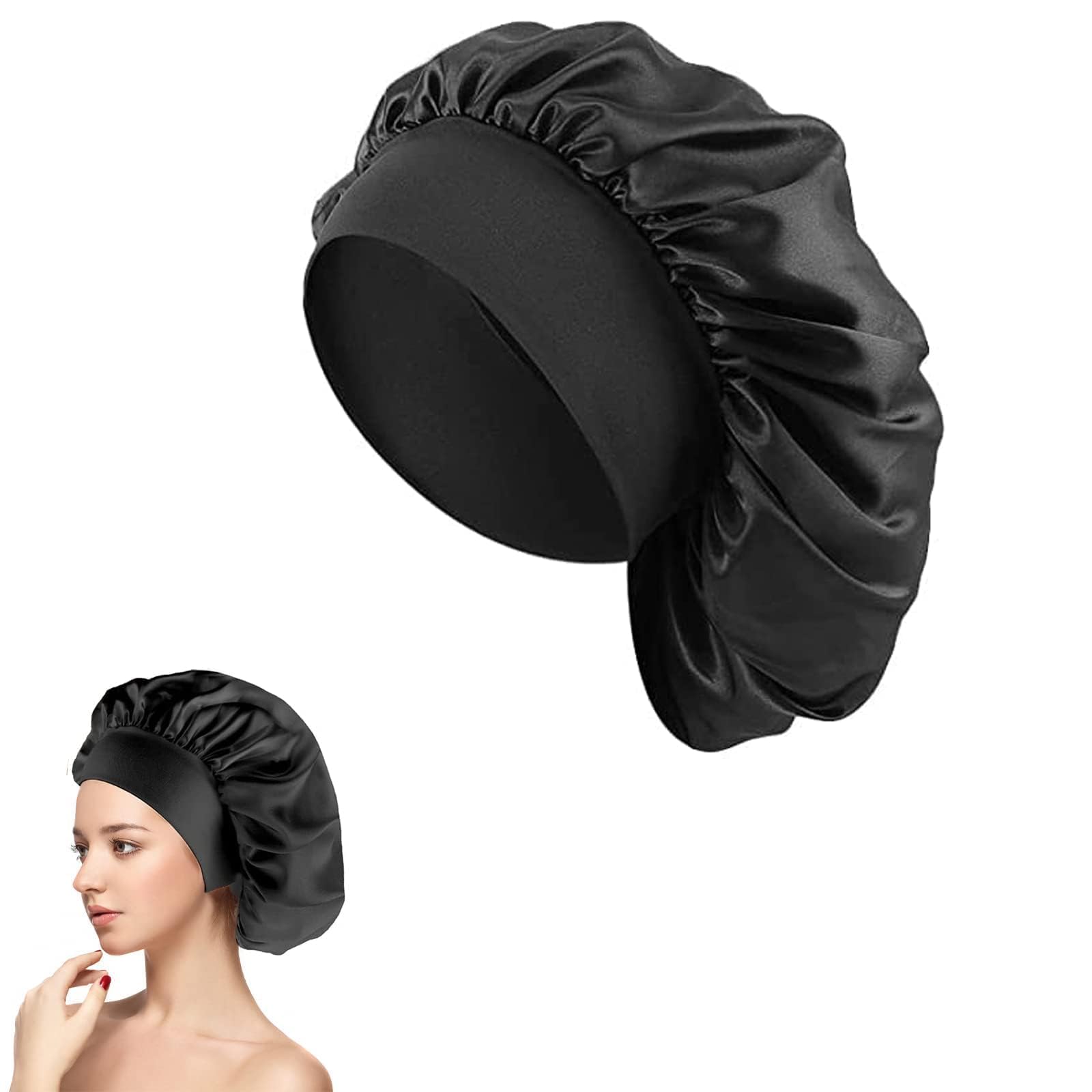 Silk Hair Wrap for Sleeping,Silk Hair Bonnet, 1pcs Night Sleep Cap Silk Bonnet for Women Girls, Hair Care Sleeping Head Cover Elastic Hat Hair Bonnet for Black Hair Curly Hair., black