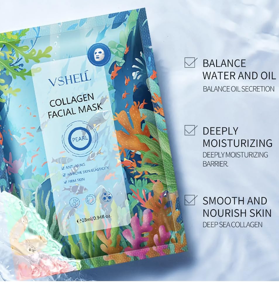 Collagen Face Sheet Mask, Set of 10 - Hydrating Beauty Skincare with Hyaluronic Acid for Women and Men - Moisturising Anti Aging Facial Treatment - Ideal for Sensitive Skin