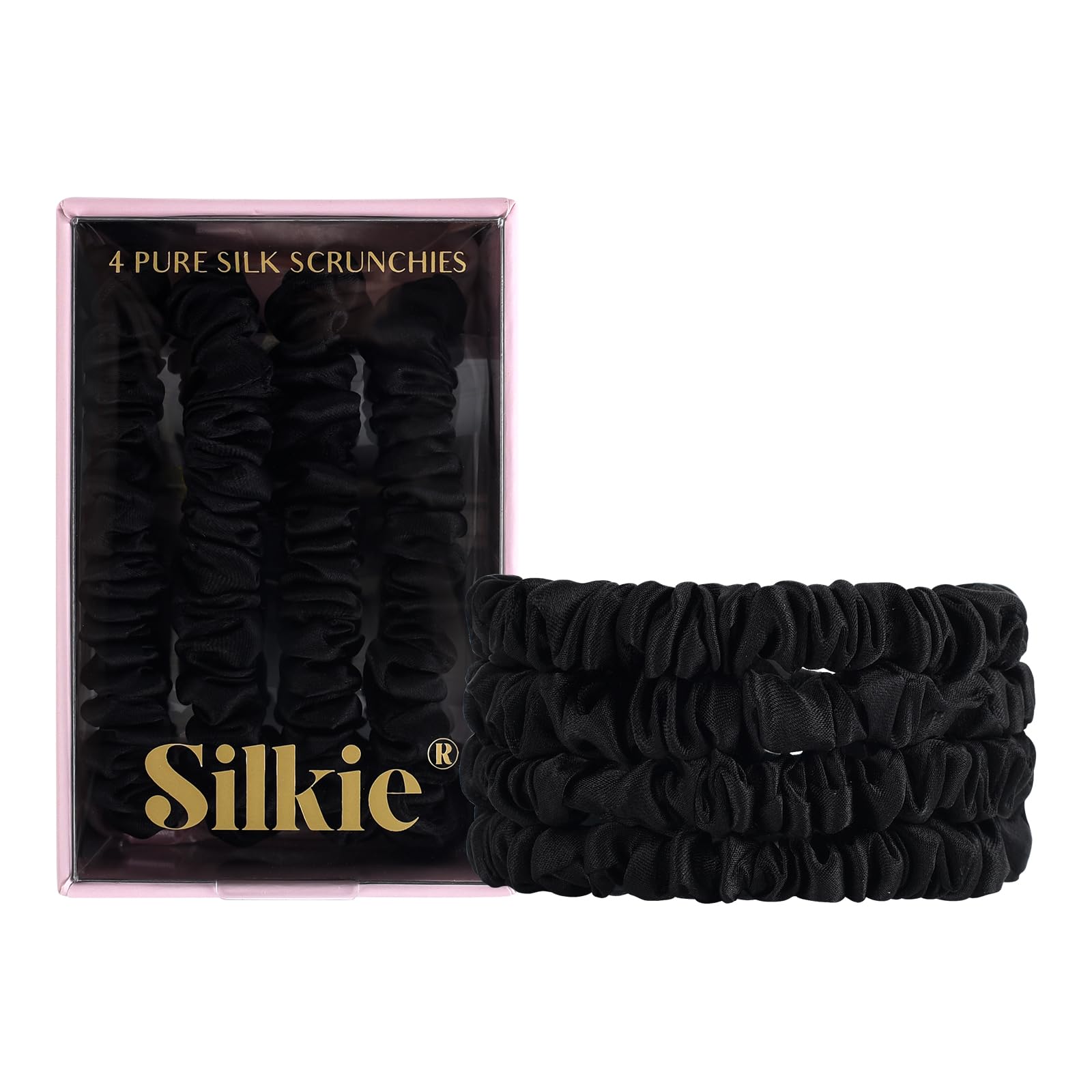 SILKIE x4 Set 100% Pure Mulberry Silk Black Skinny Scrunchies Travel Pouch Everyday Hair Ties Elastics Hair Care Ponytail Holder No Damage (Noir)