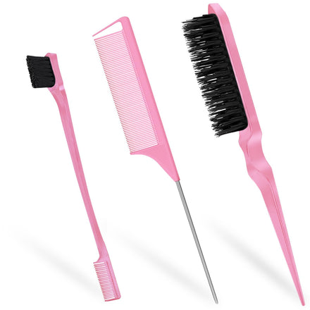 Soodyoow Hair Brush Set with Rat Tail Comb, Double Sided Edges Brush, Bristle Hair Brush for Women Baby Children, Pink
