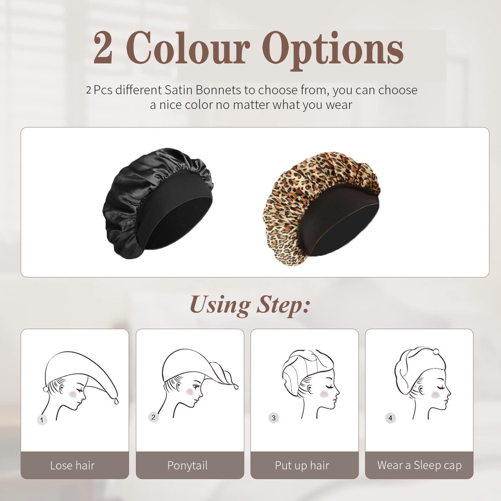 SWEET VIEW Silk Bonnet, Silk Hair Wrap for Sleeping, Soft and Comfortable Silk Sleep Cap, Black, Leopard Print