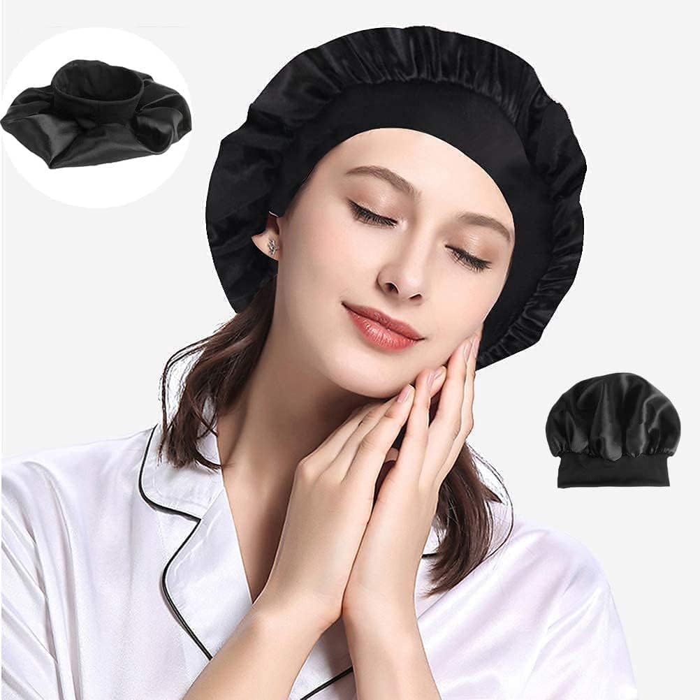 Silk Hair Wrap for Sleeping,Silk Hair Bonnet, 1pcs Night Sleep Cap Silk Bonnet for Women Girls, Hair Care Sleeping Head Cover Elastic Hat Hair Bonnet for Black Hair Curly Hair., black