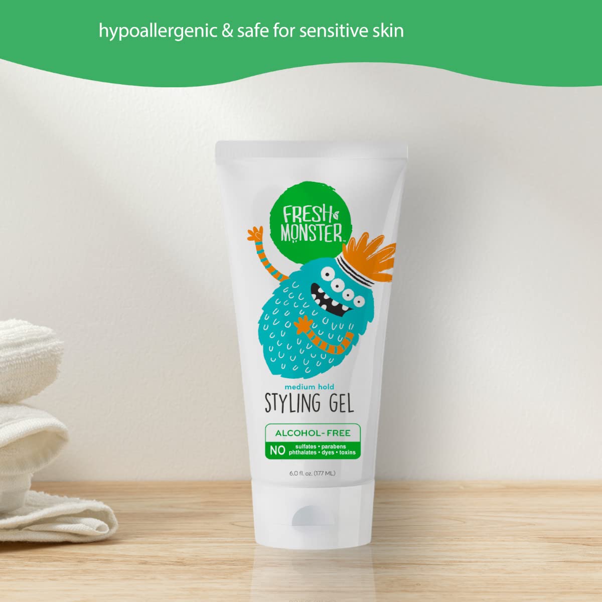 Fresh Monster Natural Hair Gel For Kids & Babies, Alcohol-Free, Toxin-Free, Flexible Medium Hold 6 Ounces