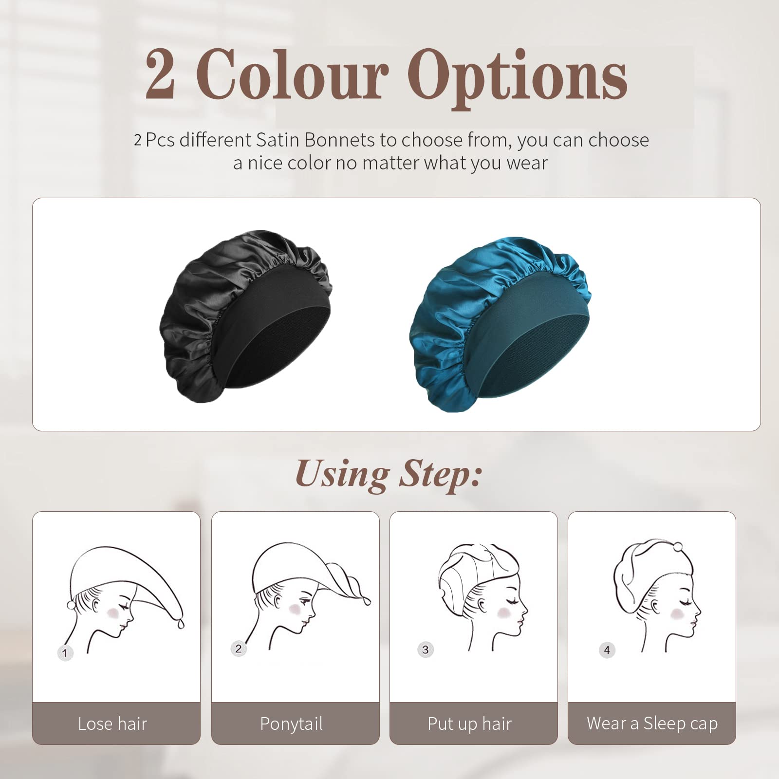 SWEET VIEW Silk Bonnet, Silk Hair Wrap for Sleeping, Soft and Comfortable Silk Sleep Cap, Black, Peacock Blue