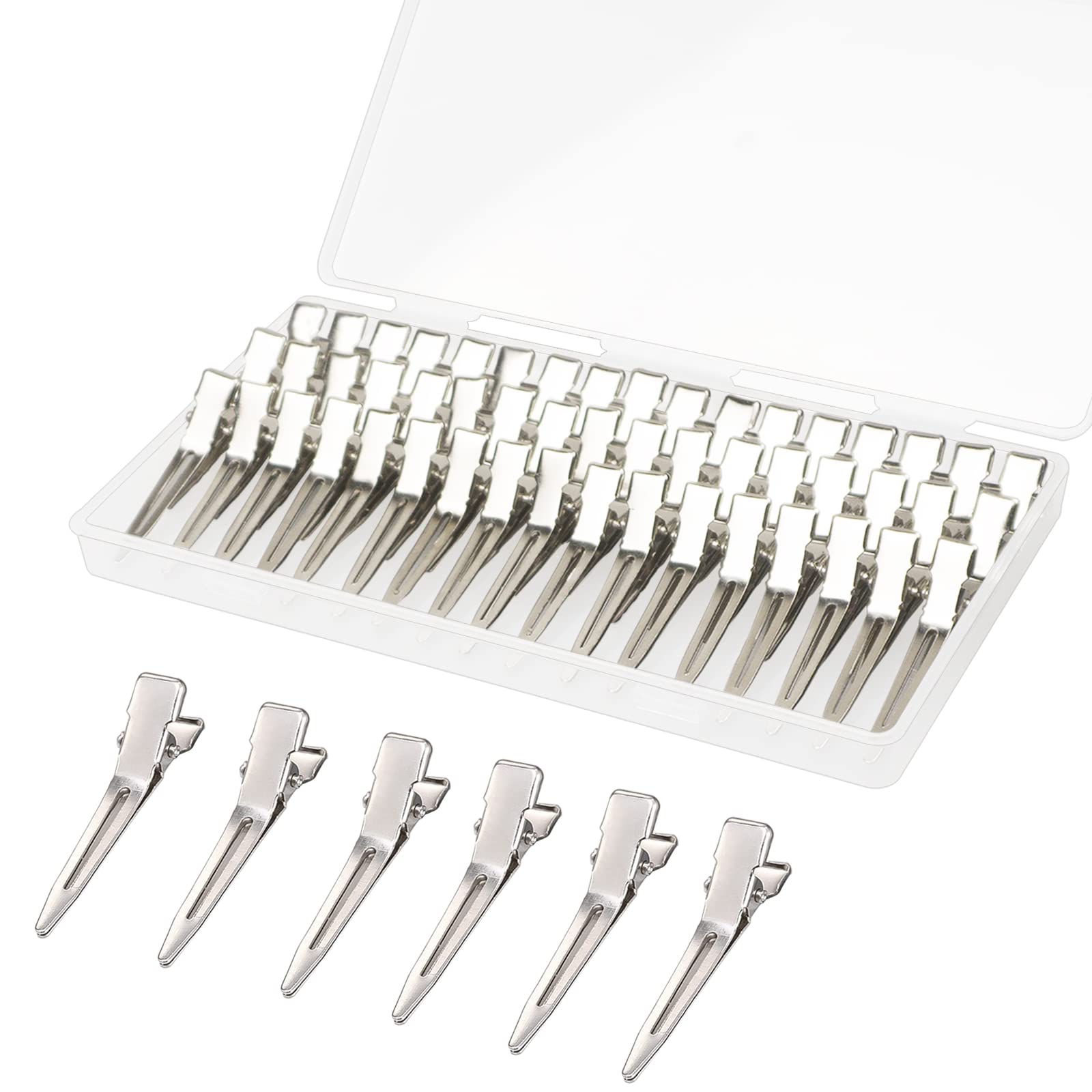 50 Pcs Metal Duck Billed Hair Clips for Women Styling Sectioning, Gingbiss 1.8" Silver Hairdressing Single Prong Curl Clips with Storge Box, Alligator Clips Hair Pins for Hair Salon, Barber, DIY