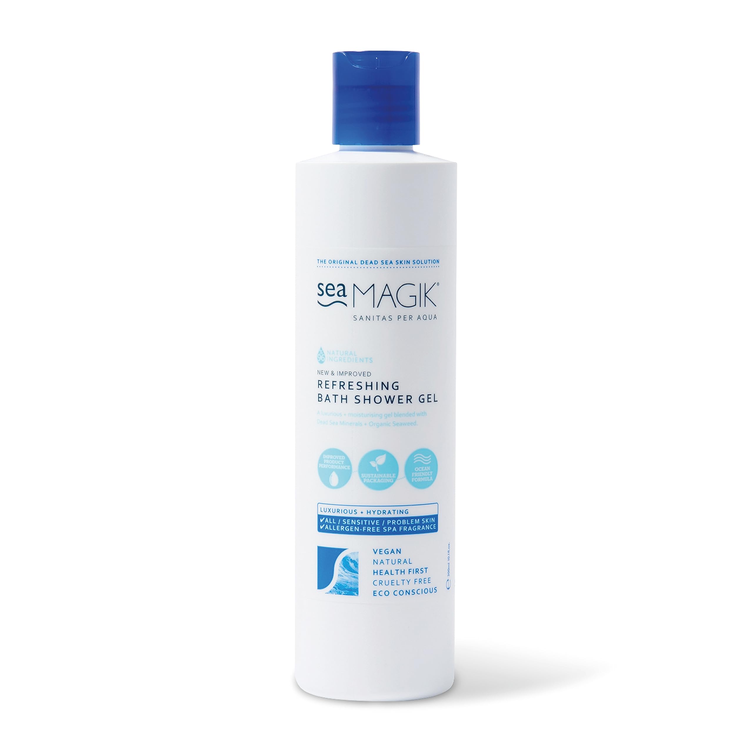 Sea Magik Refreshing Bath Shower Gel 10.14oz/ 300ml with Dead Sea Salt, Organic Seaweed and Plant extracts /100% Vegan/Sustainable Packaging