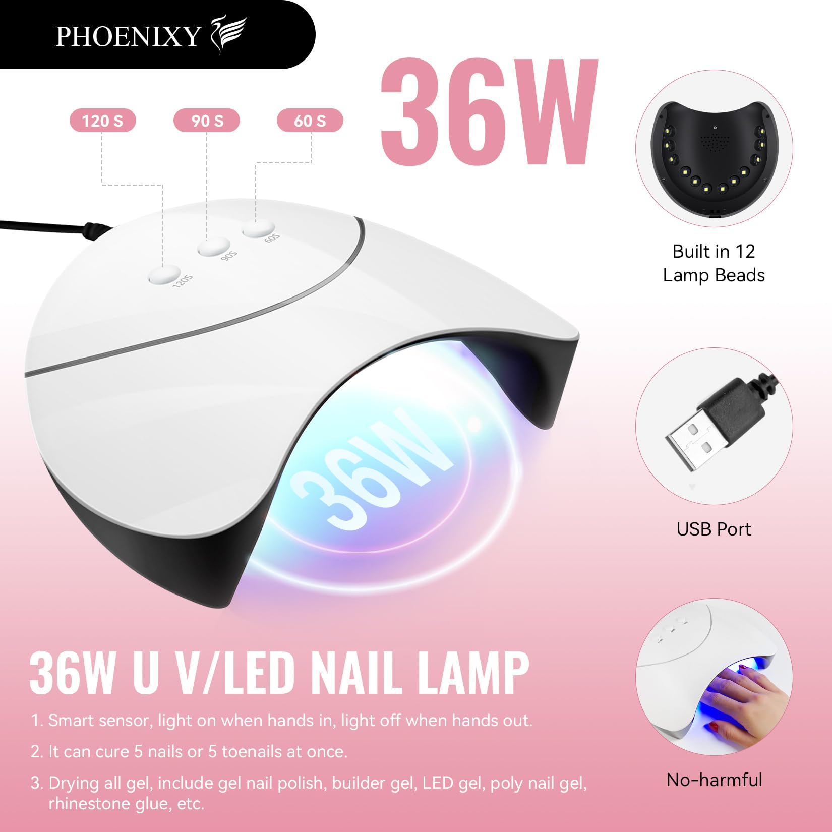 PHOENIXY Gel Nail Polish Set, 12 Colors Gel Nail Polish Set with 36W Lamp Starter Kit, Pink Nude U V Gel Nail Polish Kit with Glossy Matte Top Coat Gel Nail Kit Gifts for Women
