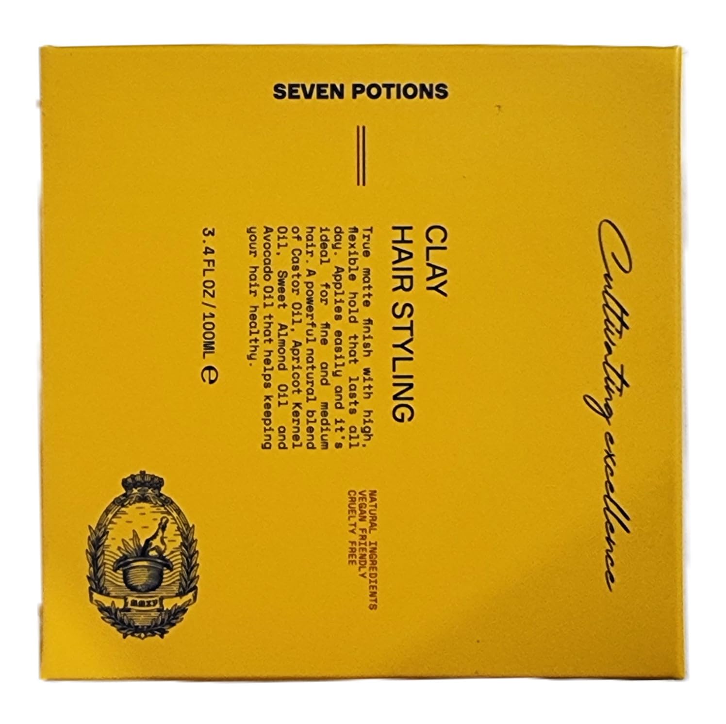 Seven Potions Men's Hair Styling Clay — Natural, Water-Based, Matte Hair Wax, High Hold Hair Styling Product — 100% Vegan, Cruelty Free (100ml)