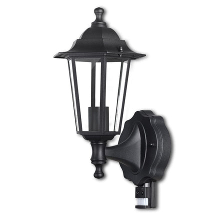 EXTRASTAR Outdoor 6 Sided Black Wall Lantern Security Light with PIR Motion Sensor IP44 Weatherproof with Lamp E27