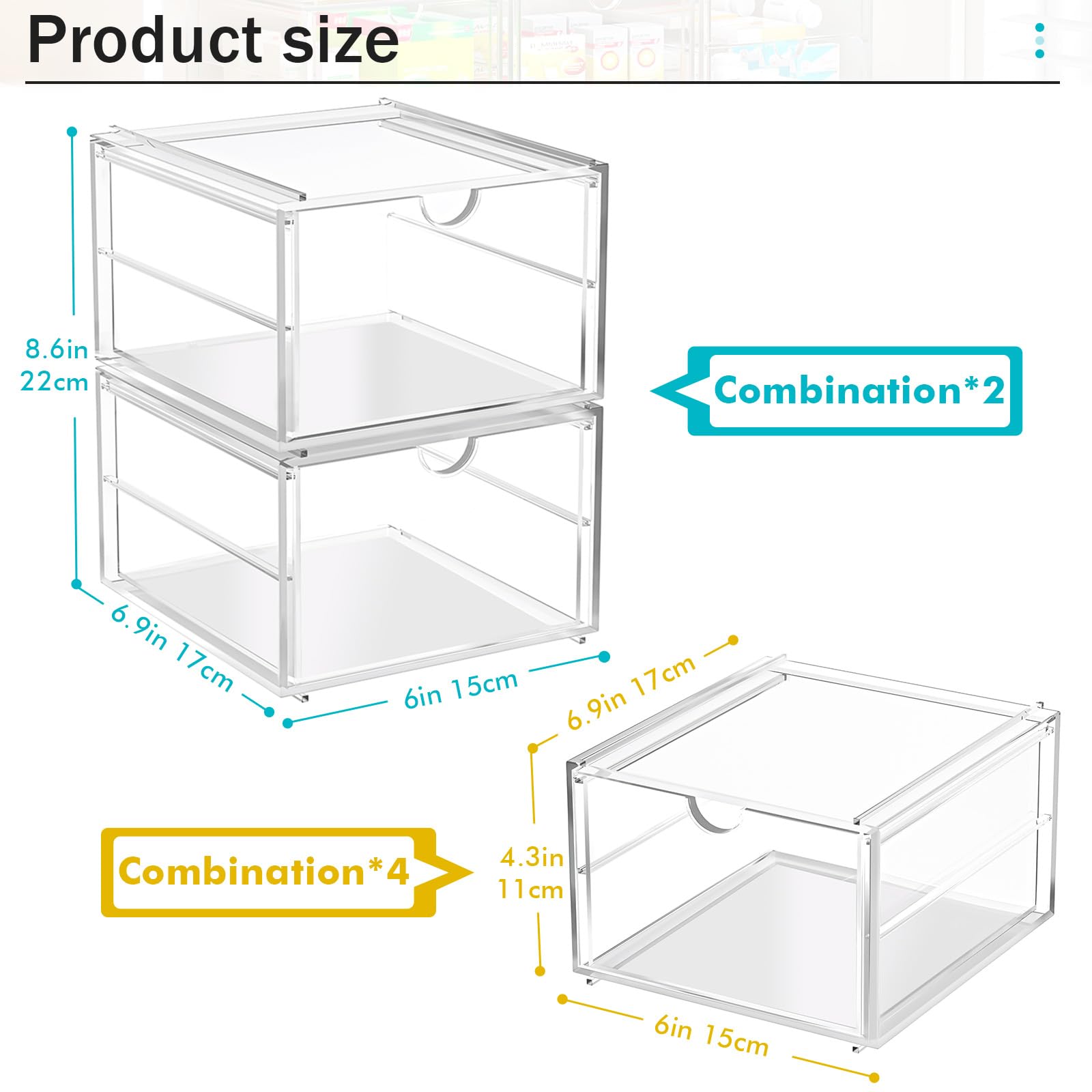 4 Pack Stackable Storage Drawers, Acrylic Cosmetic Drawer, Clear Desk Accessories, Latest Model Dustproof Drawer Storage for Dresser, Bathroom