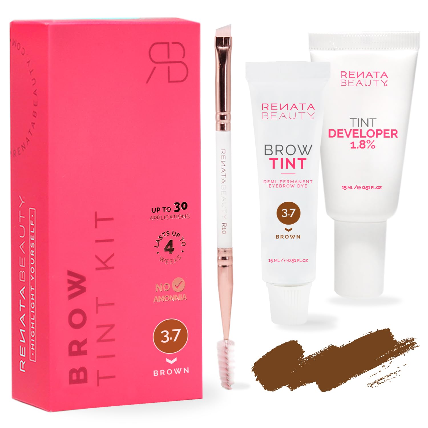 RB RENATA BEAUTY Brow Tint Kit – Eyebrow Tint Set – Dye Kit with Color Tint, Cream Developer and Styling Brush – Long-Lasting Effect Up to 4 Weeks – 30 Applications [Brown]