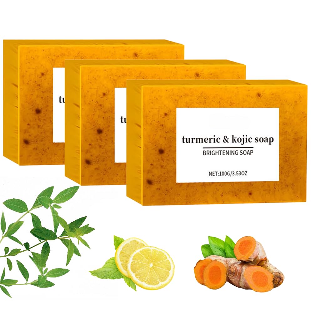 3Pcs Kojic Acid & Turmeric Soap, Kojic Acid Soap, Natural Lemon Brightening Soap Bar, Tumeric Soaps, Acne, Dark Spots, Hyperpigmentation & Smooth Skin, Deep Cleansing, Refreshing