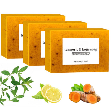 3Pcs Kojic Acid & Turmeric Soap, Kojic Acid Soap, Natural Lemon Brightening Soap Bar, Tumeric Soaps, Acne, Dark Spots, Hyperpigmentation & Smooth Skin, Deep Cleansing, Refreshing