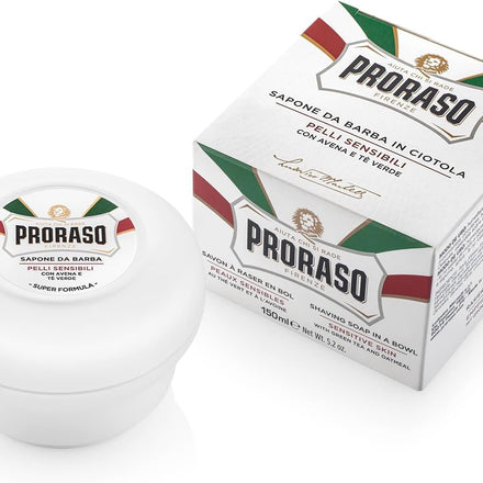Proraso Shaving Soap in a Bowl, 150ml, Sensitive Skin Shaving Soap with Green Tea and Oat, Made in Italy, White
