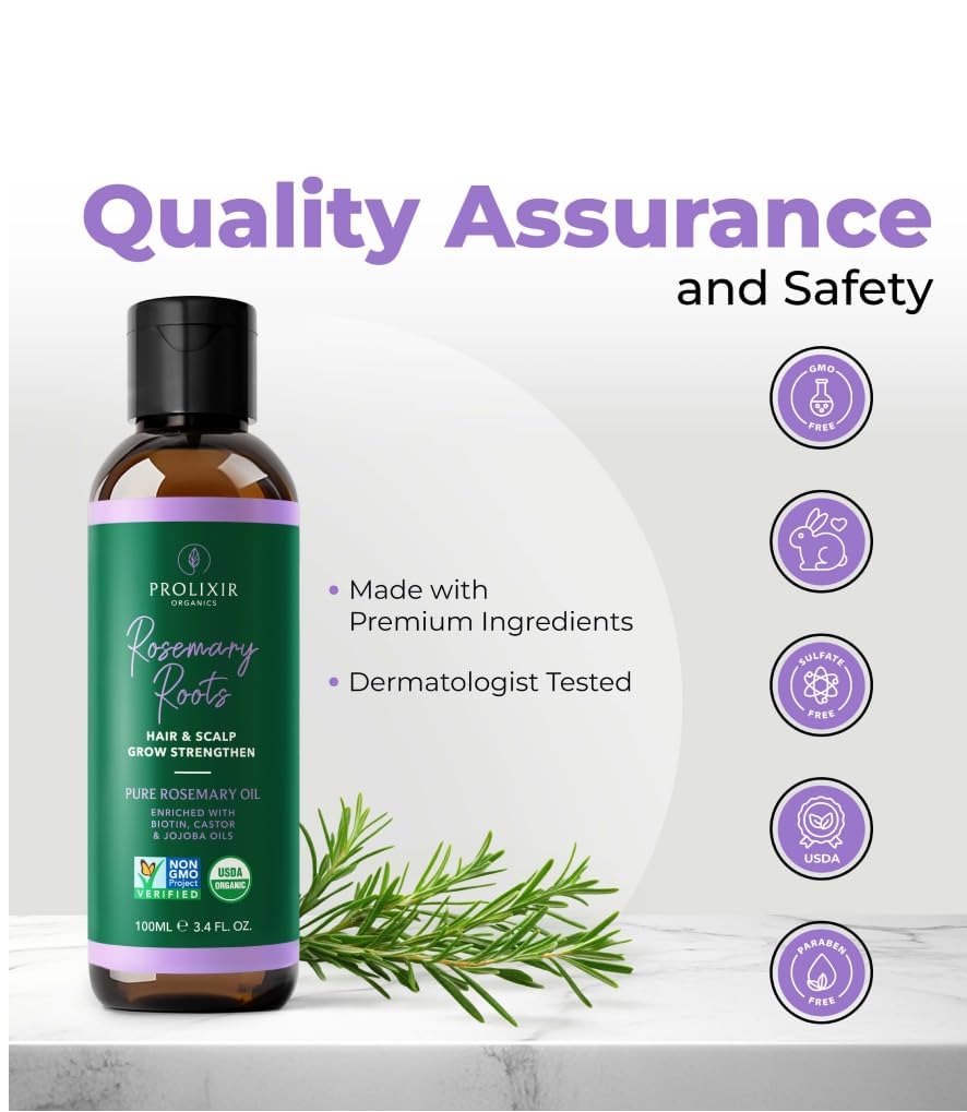 Organic Rosemary Hair Growth Oil with Castor, Jojoba, and Argan Oils – Biotin-Infused Scalp Treatment for Dry, Damaged, and Frizzy Hair – 100ml