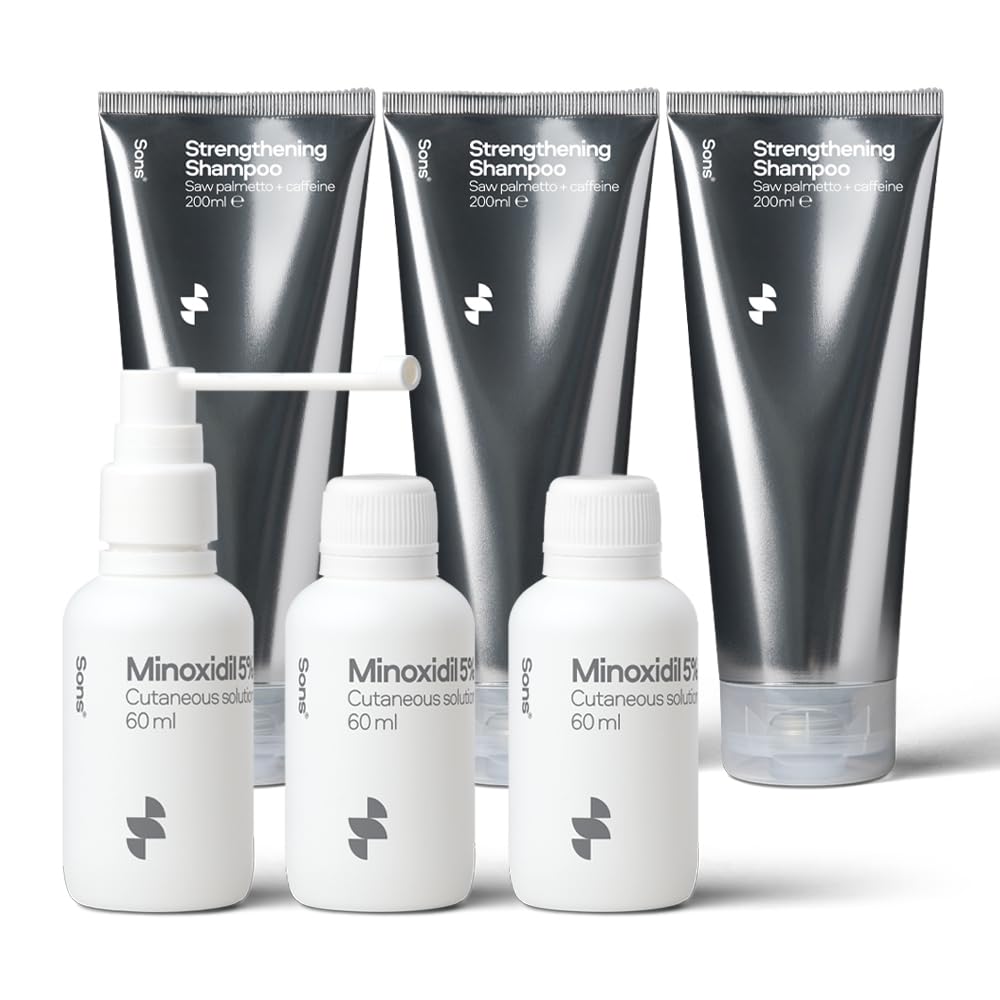 Sons Minoxidil 5% Solution & Hair Growth Shampoo for Men. Hair Regrowth Treatment. DHT Blocker Head Wash with Caffeine. Hair Thickening & Anti-Dandruff Formula. 3 Month Supply. Made in Europe.