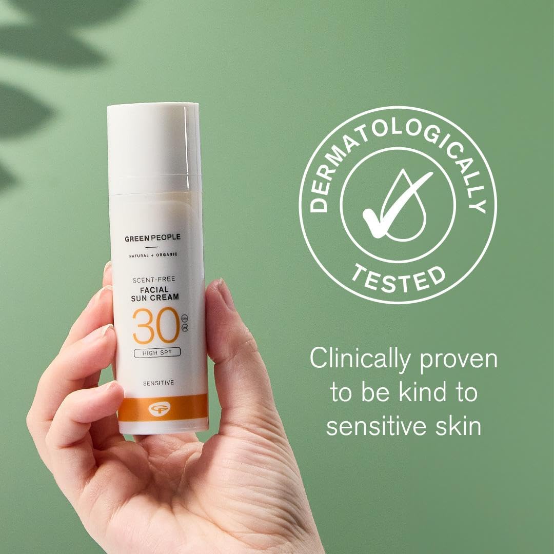 Green People Scent Free Facial Sun Cream SPF30 - Sunscreen For Sensitive Skin & Prickly Heat - Vegan & Cruelty Free, 50ml