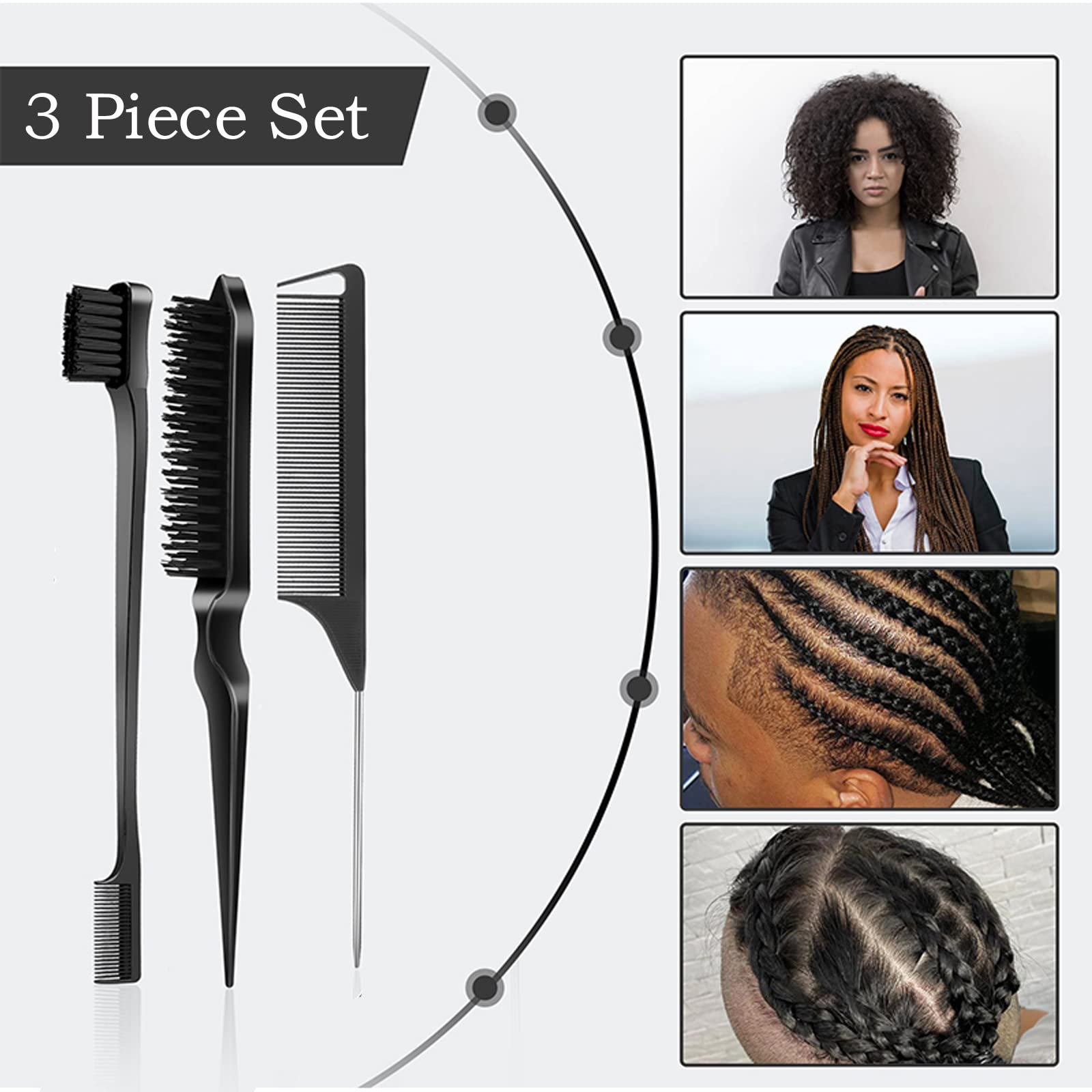 SWEET VIEW 3 Pcs Slick Back Hair Brush, Rat Tail Comb, Edge | Bristle Brush, Hair Accessories for Girls, Kids, Toddlers Sleek Ponytail/Bun, Edge Control and Smoothing Baby Hair & Flyaways