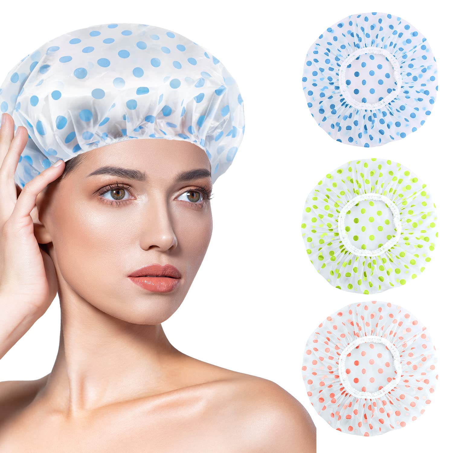 6 Pcs OWill Shower Caps for Women uk,Waterproof and Reusable Bath Cap,28cm Width with Elastic Band, Large Plastic Long Hair Eco Cap.