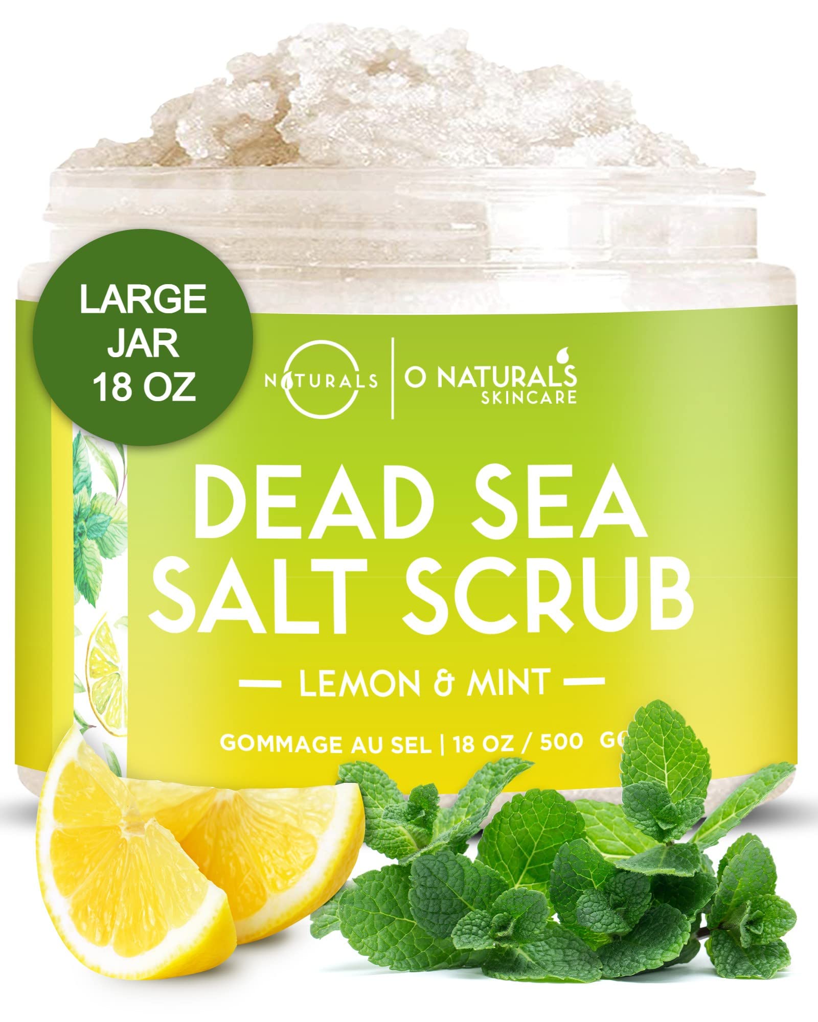 O Naturals Lemon & Mint Dead Sea Salt Scrub. Refreshing All Natural Exfoliator for Face, Hands, Body & Acne. Smooths, Renews & Revives Skin with Argan & Sweet Almond Oil. For Women & Men. 500 gr