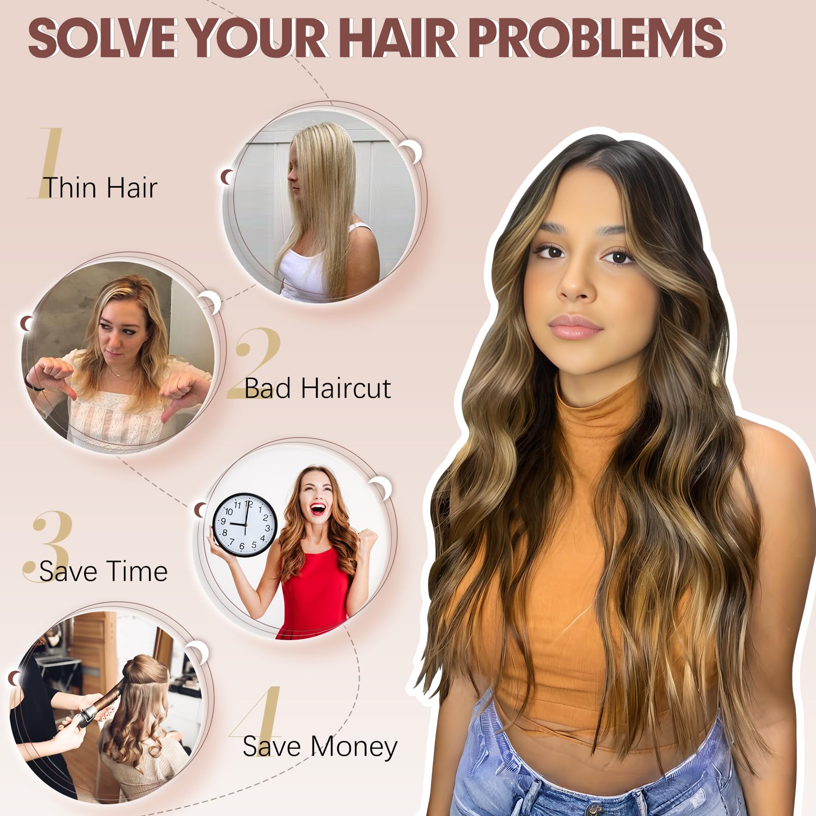 FESHFEN Clip in Hair Extensions 4PCS Dirty Blonde Thick Hair Piece Long Wavy Clip in Extensions Highlighted Full Head Synthetic Fiber Hairpieces for Women, 20 Inch 180g