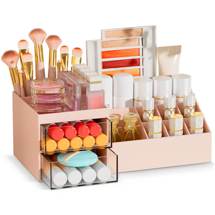 Subsky Makeup Organiser with Drawers, Make Up Storage Cosmetic Dressing Table Organiser Makeup Box with Drawerds for Dresser, Bedroom, Bathroom (Pink)