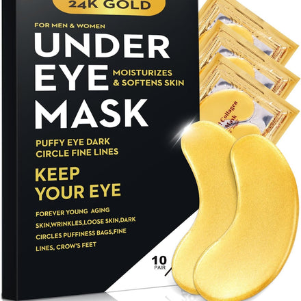 20Pcs/10Pairs Under Eye Patches Gold for Dark Circles, Puffy Eyes, and Wrinkles, 24K Gold Eye Mask for Face, Eye Cream for Men and Women