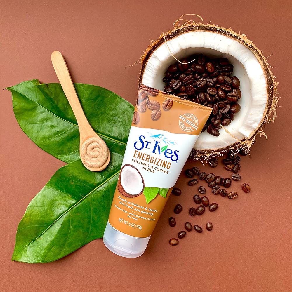 St. Ives Rise and Energize Face Scrub Deep Exfoliating (170g) Scrub Coconut and Coffee Dermatologist-Tested, 100% Natural Exfoliants Face Wash 6oz 1 Count