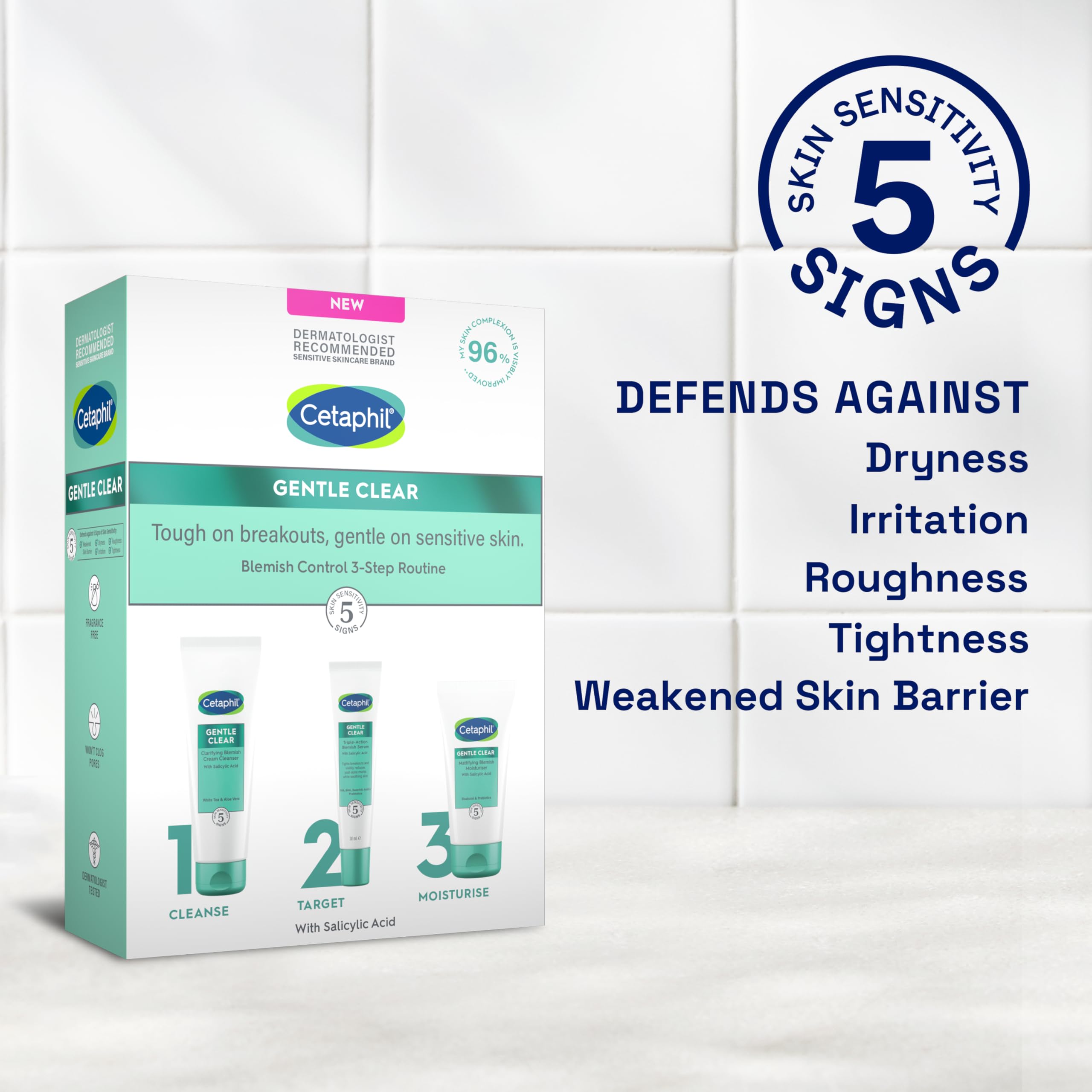 Cetaphil Gentle Clear Blemish Control 3-Step Routine Skincare Kit with Salicylic Acid, Face Cleanser 124ml + Serum 30ml + Moisturiser 89ml