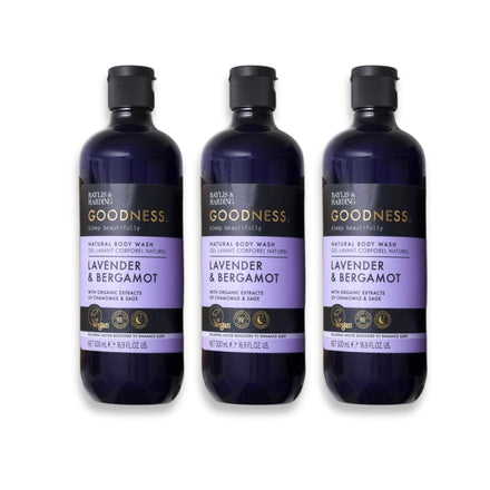 Baylis & Harding Goodness Body Wash | Lavender & Bergamot | Luxury Bath Wash with Relaxing Mood Boosters to Enhance Sleep | Natural Essential Oils, Dermatologist Approved, Vegan | 3 Pack