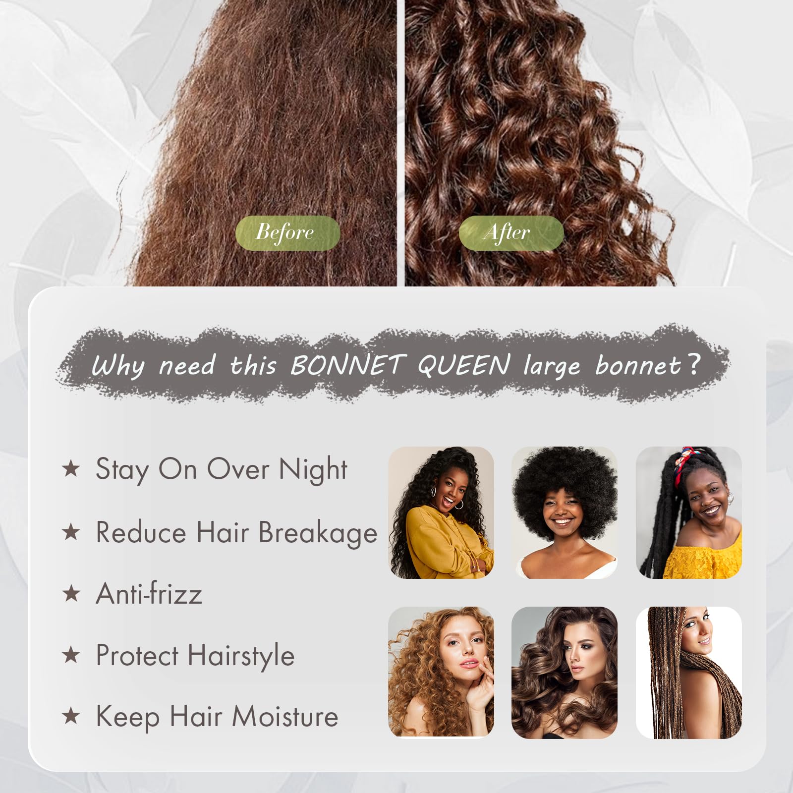 BONNET QUEEN Silk Bonnet for Sleeping - Satin Bonnet designed for Women with Curly Hair, Sleep Cap with Adjustable Tie Band, Black