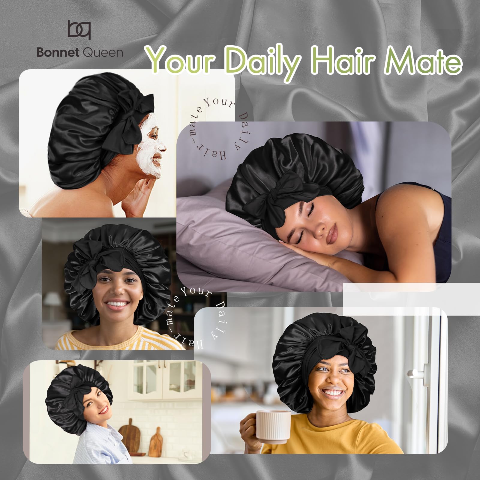 BONNET QUEEN Silk Bonnet for Sleeping - Satin Bonnet designed for Women with Curly Hair, Sleep Cap with Adjustable Tie Band, Black