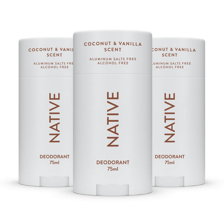 Native Deodorant Womens & Men – Alcohol & Aluminium Free - Coconut & Vanilla Scent - Naturally Derived with Shea Butter, Coconut Oil & Baking Soda - 72 Hour Odor Control (3 Pack, 75ml Each)