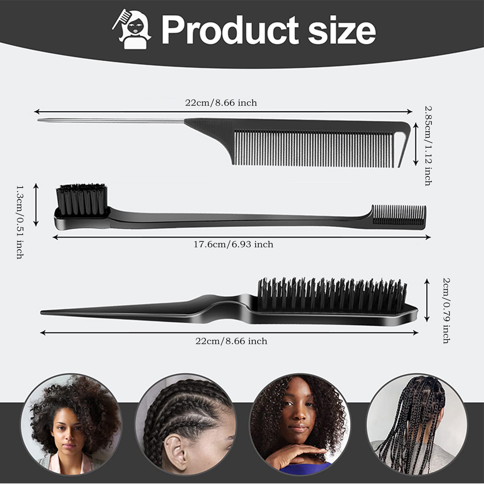 SWEET VIEW 3 Pcs Slick Back Hair Brush, Rat Tail Comb, Edge | Bristle Brush, Hair Accessories for Girls, Kids, Toddlers Sleek Ponytail/Bun, Edge Control and Smoothing Baby Hair & Flyaways