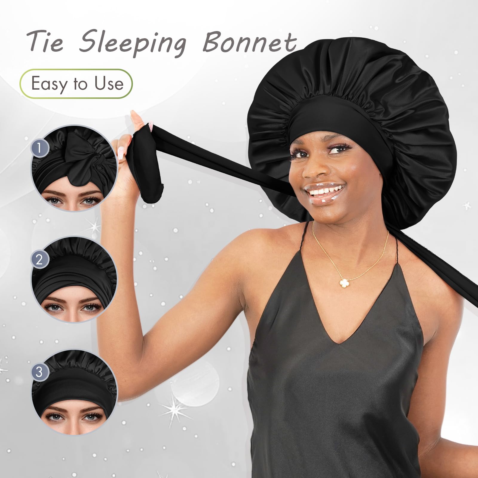 BONNET QUEEN Silk Bonnet for Sleeping - Satin Bonnet designed for Women with Curly Hair, Sleep Cap with Adjustable Tie Band, Black