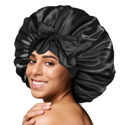 BONNET QUEEN Silk Bonnet for Sleeping - Satin Bonnet designed for Women with Curly Hair, Sleep Cap with Adjustable Tie Band, Black