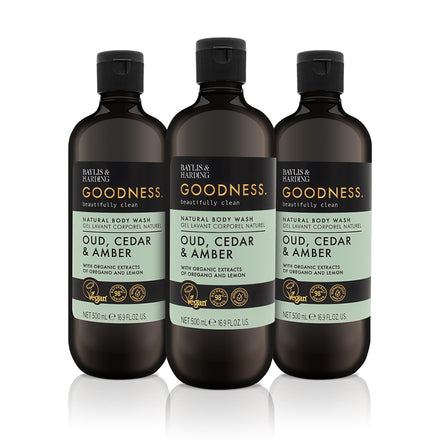 Baylis & Harding Goodness Oud, Cedar and Amber Body Wash, 500 ml (Pack of 3) - Vegan Friendly