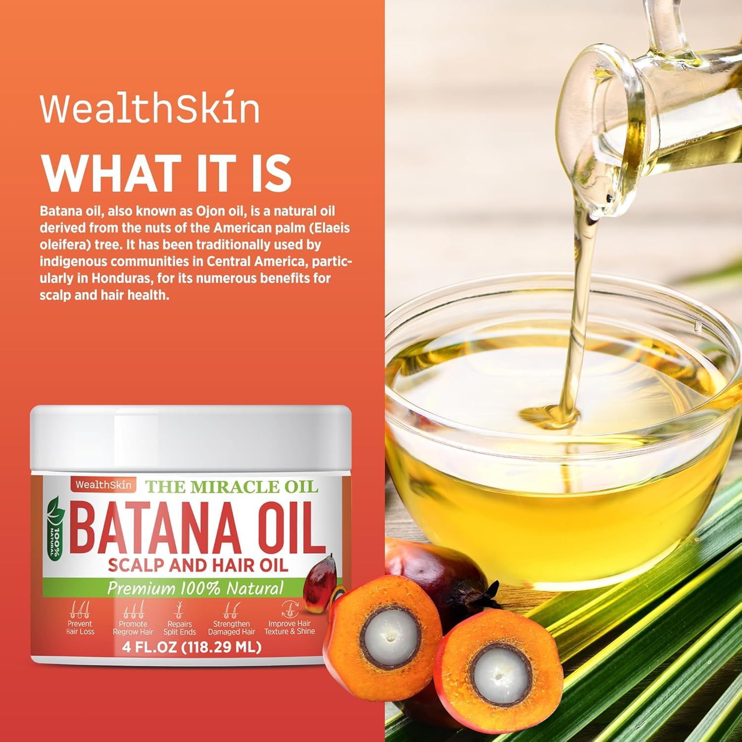 Wealthskin 100% Pure Batana Oil – Cold Pressed in Honduras | Natural Scalp & Hair Oil for Shine, Softness & Thicker-Looking Hair | Raw & Unrefined – 4 fl oz (118 ml)