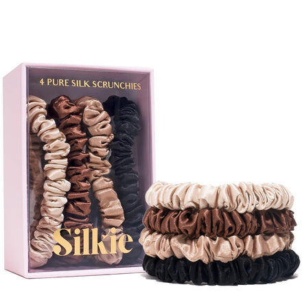 SILKIE x4 Set 100% Pure Mulberry Silk Black Brown Skinny Scrunchies Travel Pouch Everyday Hair Ties Elastics Hair Care Ponytail Holder No Damage