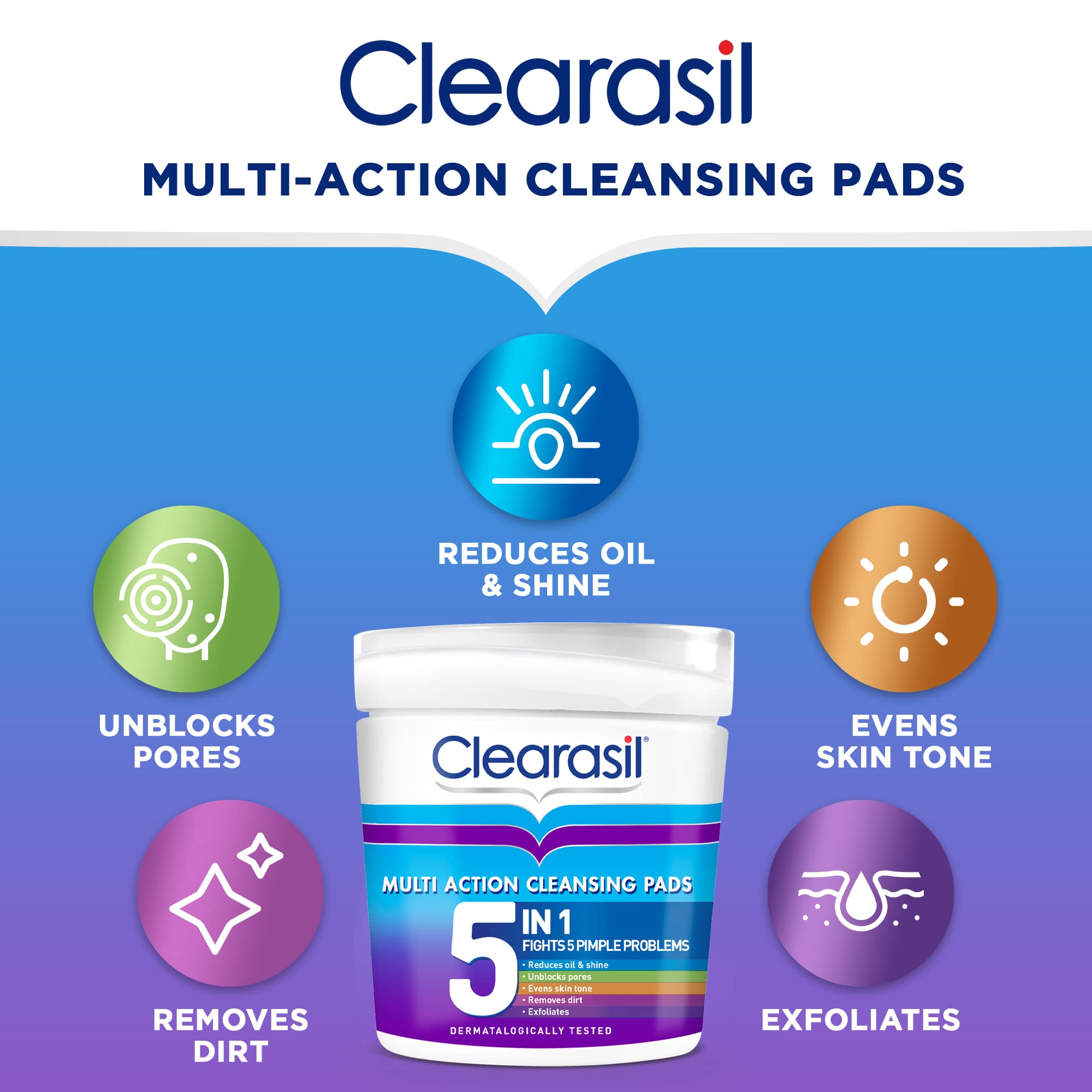 Clearasil 5-In-1 Multi-Action Cleansing Salicylic Acid Pads, Face Exfoliating For Acne Prone Skin, Unblock Pores, Reduces Blackheads, Pimples & Excess Oil, Everyday Spot Prevention, 65's (Pack Of 2)
