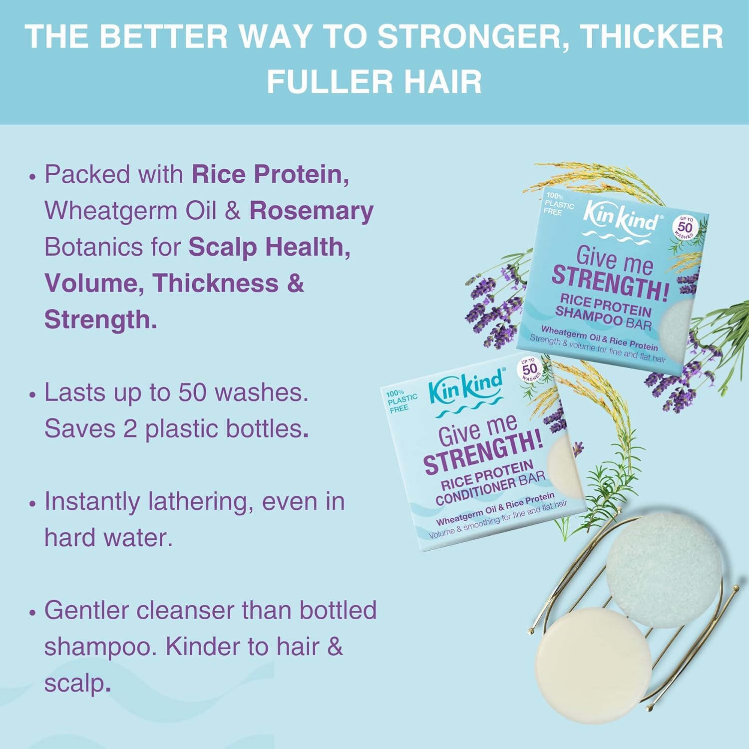 KinKind Rice Water Shampoo and Conditioner Bar Set for Hair Growth | Give me STRENGTH! Rice Solid Shampoo Bar and Conditioner Bars for hair UK Made | For Hair Growth, Menopause, Thickening & Volume