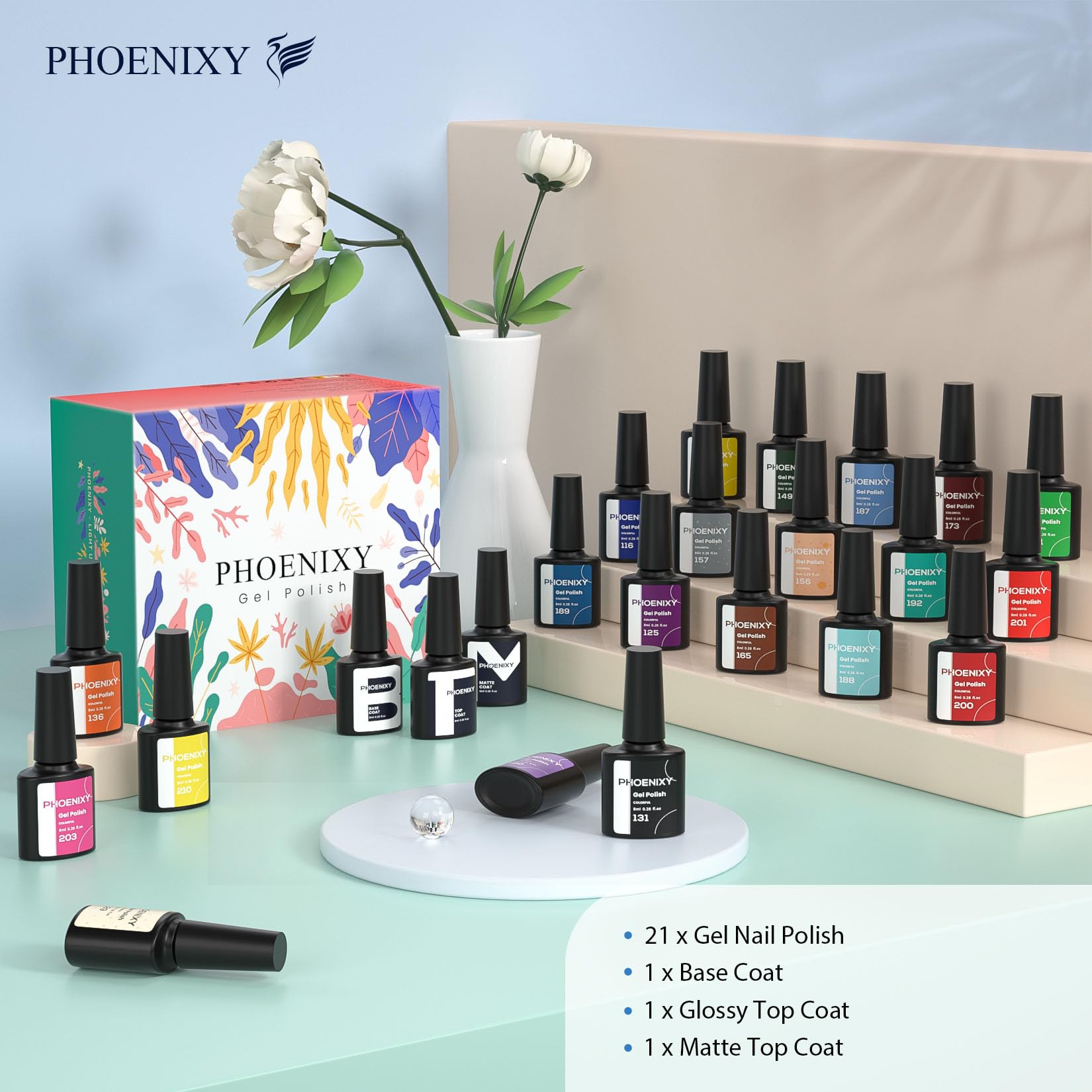 Phoenixy Gel Nail Polish Set - 24pcs 8ml UV Soak-off Gel Polish Multicolour Nails Varnish Set Base and Top Coat Nail Art Gift Kit for Women