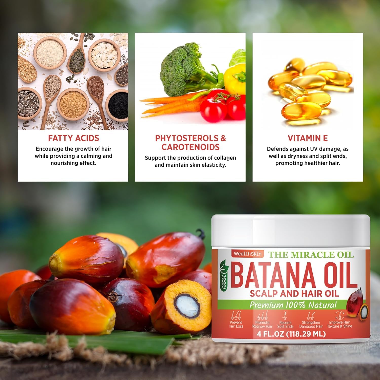 Wealthskin 100% Pure Batana Oil – Cold Pressed in Honduras | Natural Scalp & Hair Oil for Shine, Softness & Thicker-Looking Hair | Raw & Unrefined – 4 fl oz (118 ml)