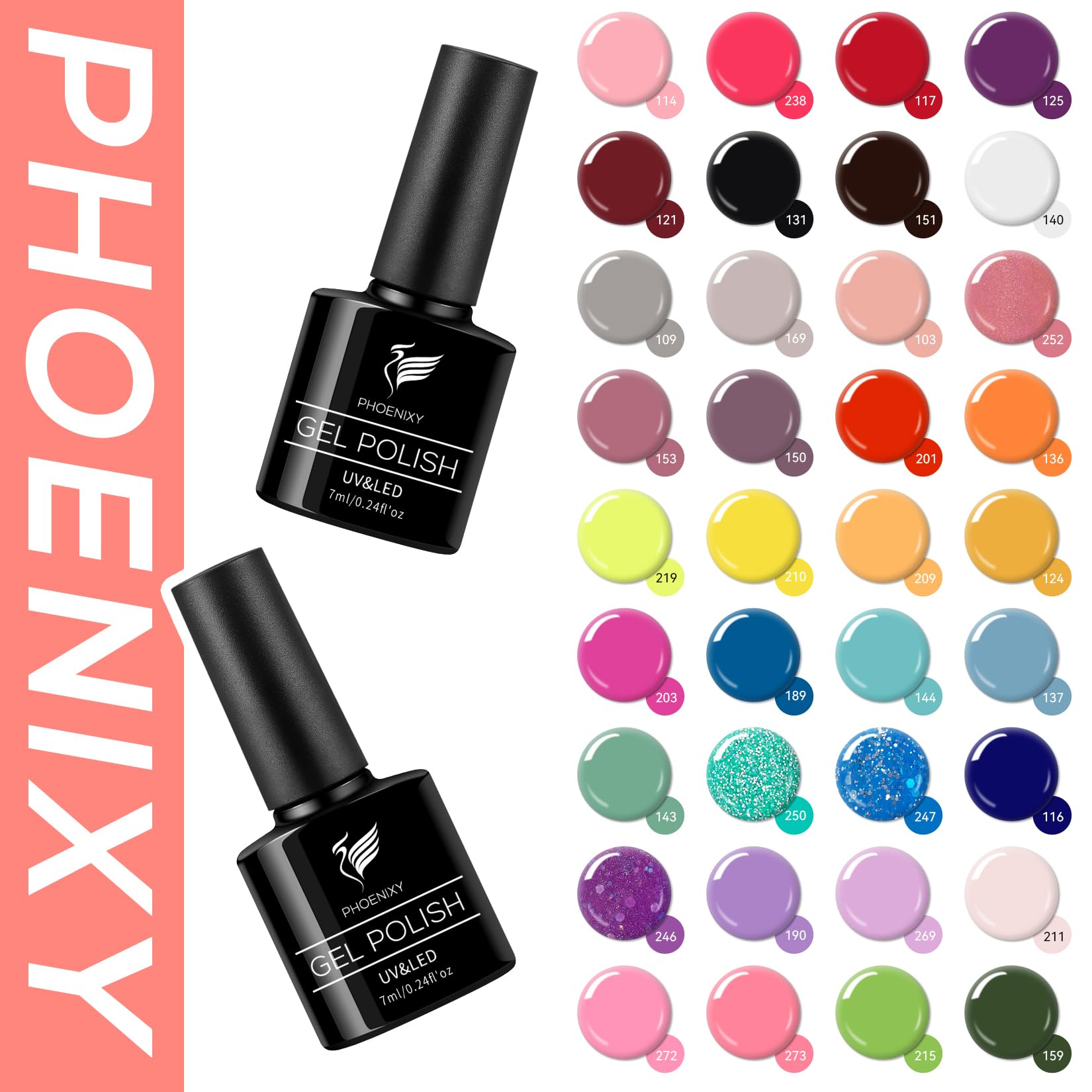 Phoenixy Gel Nail Polish Set, 36 Colours Gel Nail Polish Red Orange Purple Gel Nail Varnish Set Soak Off UV Gel Nail Kit with Glossy Matte Glitter Base Top Coat Nail Art Kit Gift for Woman