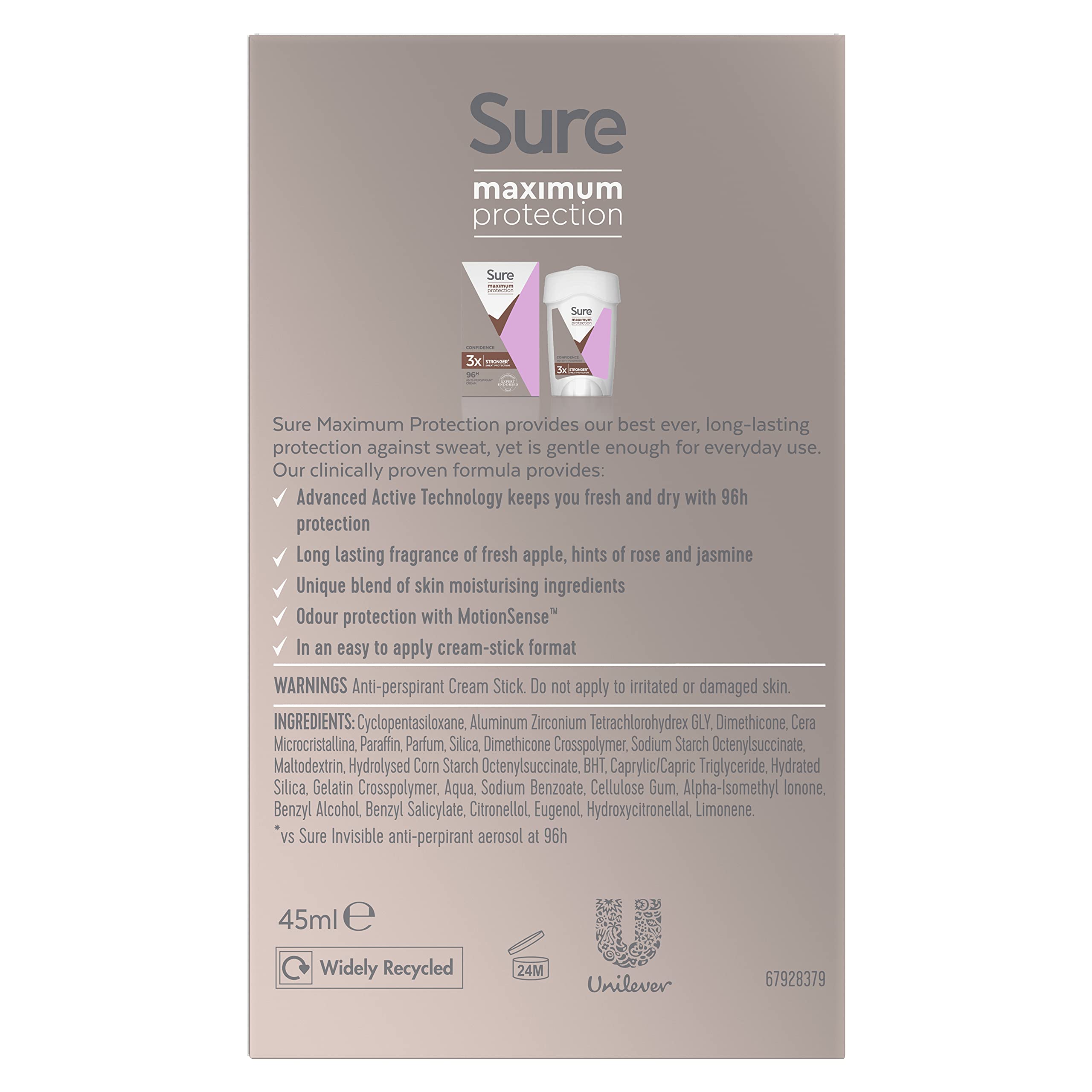 Sure Women Maximum Protection Confidence Anti-perspirant Cream Stick 45 ml. Pack of 6